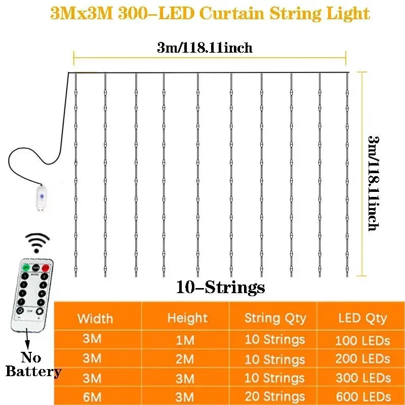 LED Curtain Fairy Lights – 8 Modes Remote Control